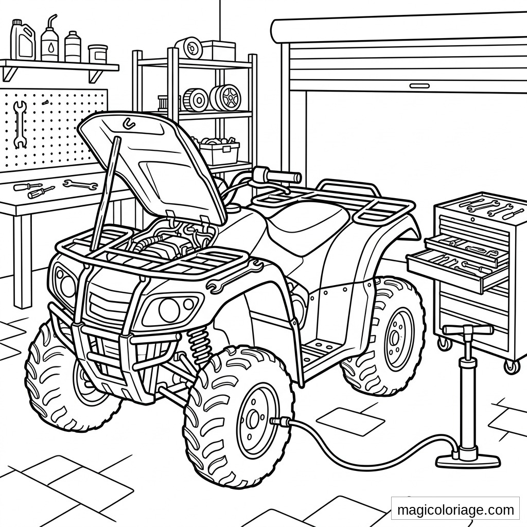 Coloriage quad dans un garage avec capot ouvert, pneus crantés, outils, pompe et étagères d’atelier