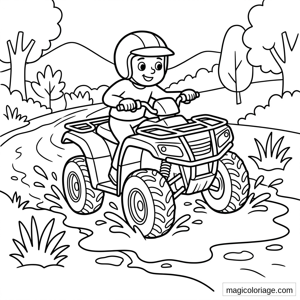 Coloriage quad avec enfant casqué roulant dans la boue, pneus crantés, arbres et collines