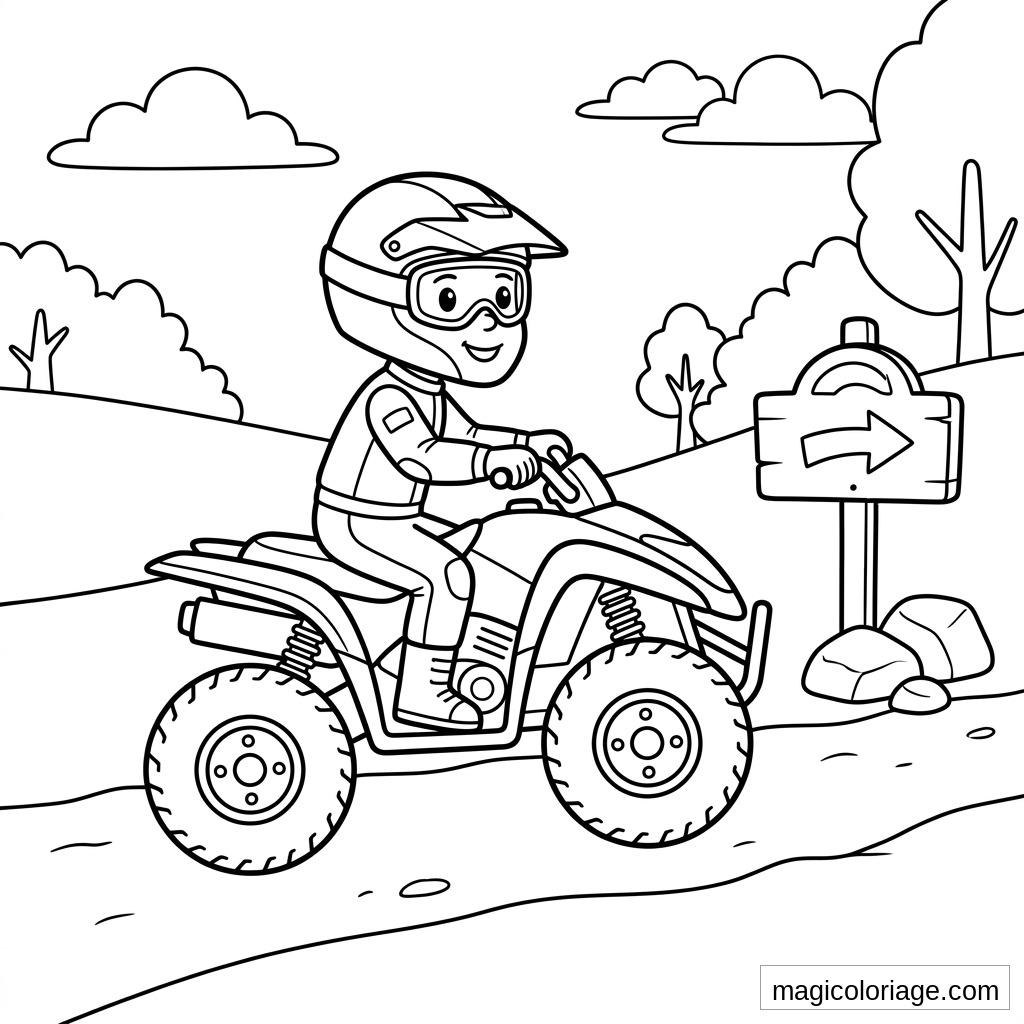 Coloriage quad avec enfant casqué sur chemin, panneau fléché, arbres, collines et gros pneus tout-terrain