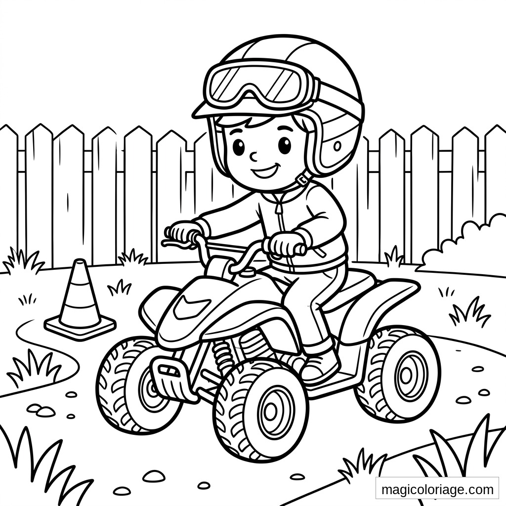 Coloriage quad avec jeune pilote casqué sur un parcours près d’une clôture et d’un cône