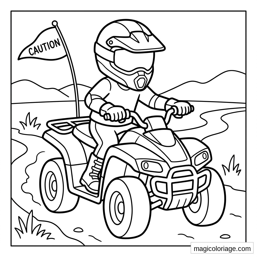 Coloriage quad enfant casqué sur piste avec drapeau caution et collines