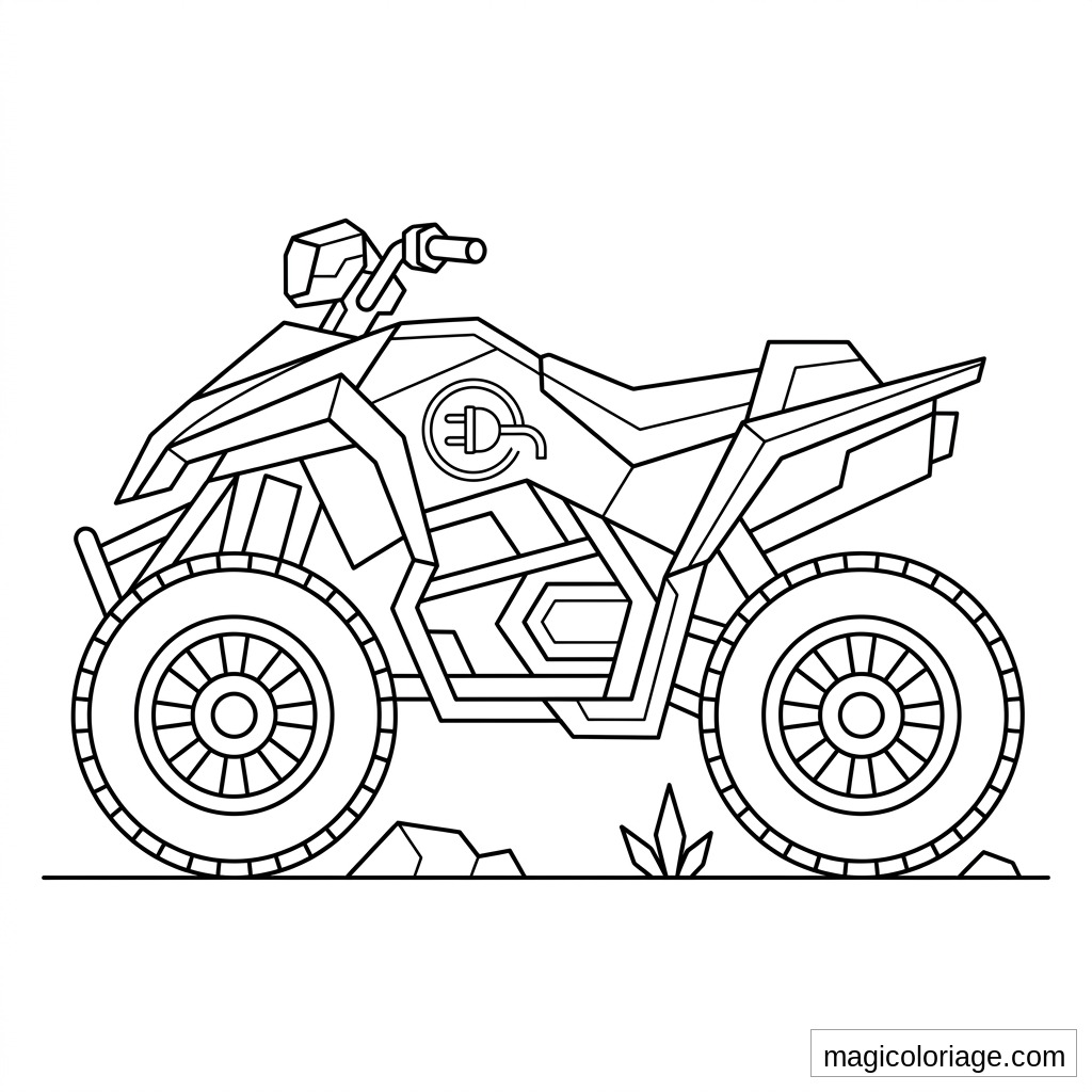 Coloriage quad futuriste avec gros pneus crantés, canon et rochers sur une piste