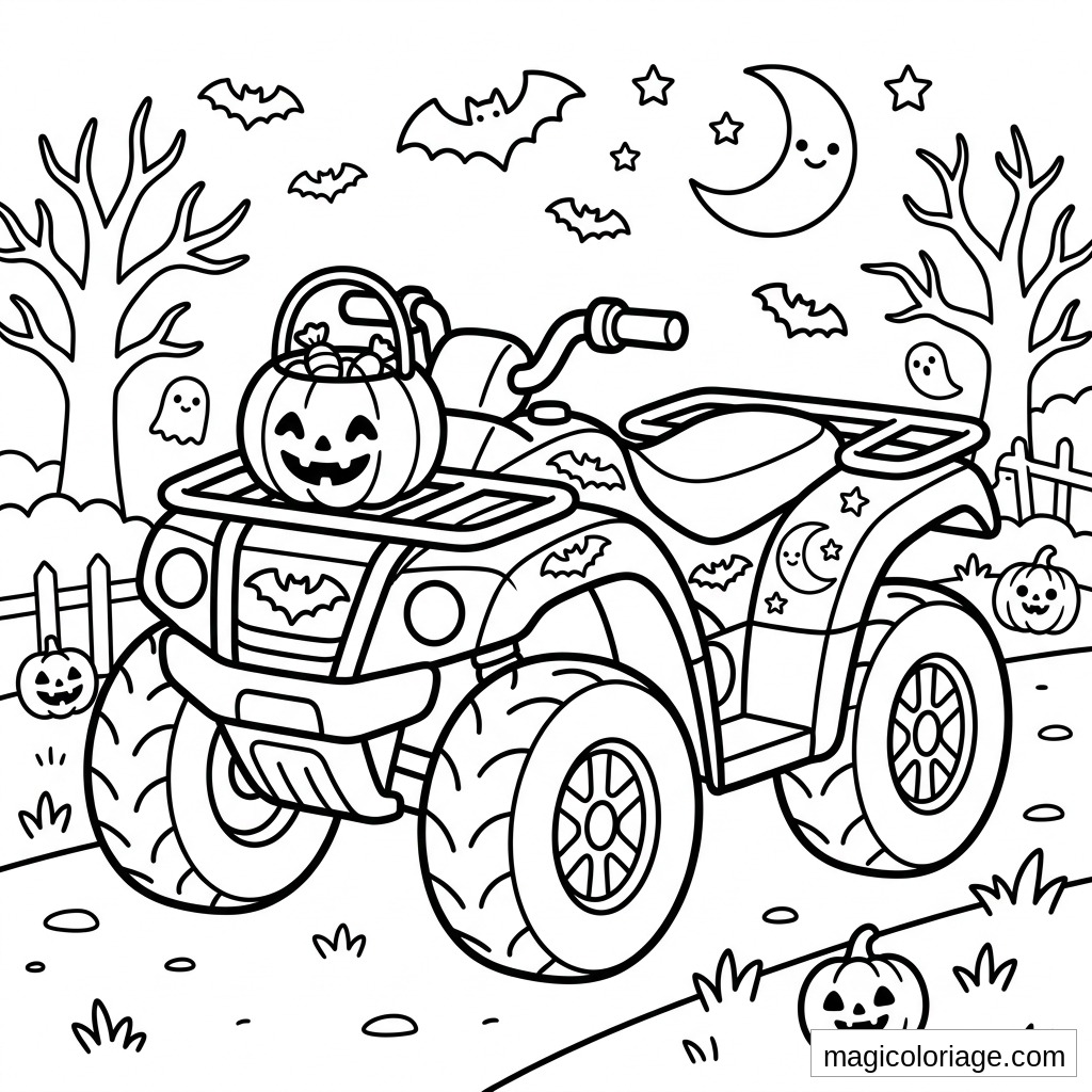Coloriage quad Halloween avec citrouilles, chauves-souris, fantômes et lune souriante
