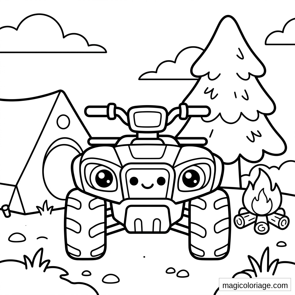 Coloriage quad souriant au camping avec tente, sapin, feu de camp et gros pneus crantés