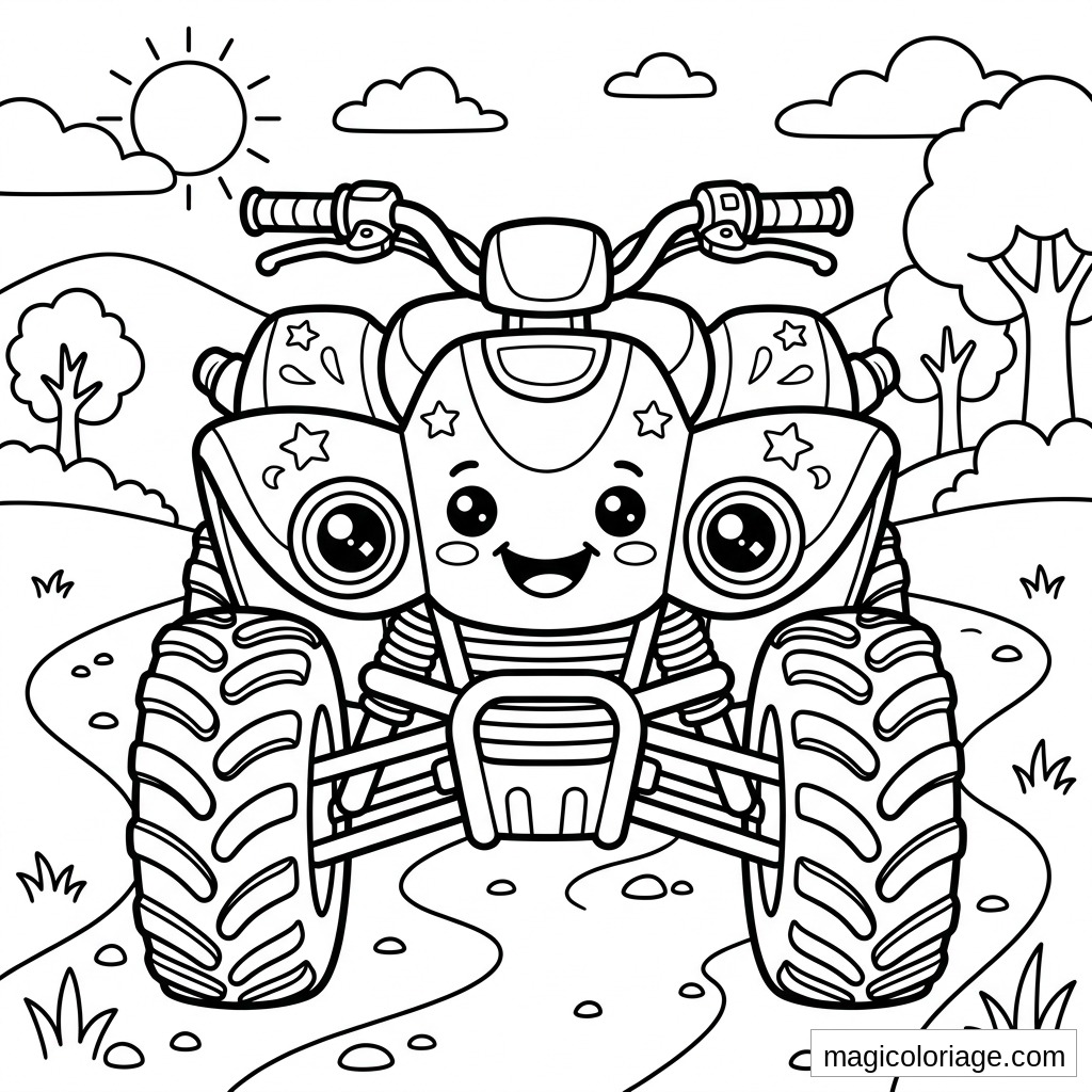 Coloriage quad souriant avec gros pneus, étoiles, chemin de campagne, arbres, soleil et nuages