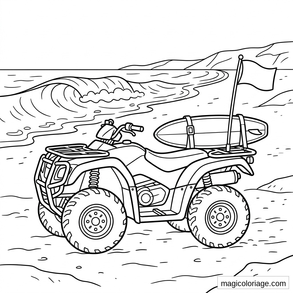 Coloriage quad sur la plage avec surf, drapeau, pneus crantés et vagues au bord de la mer