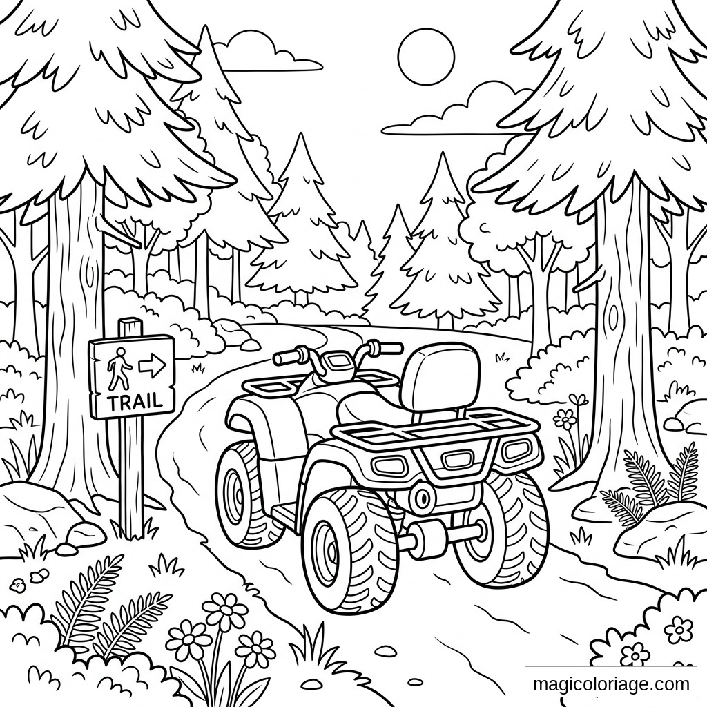 Coloriage quad sur sentier forestier avec panneau trail, sapins, rochers et fleurs