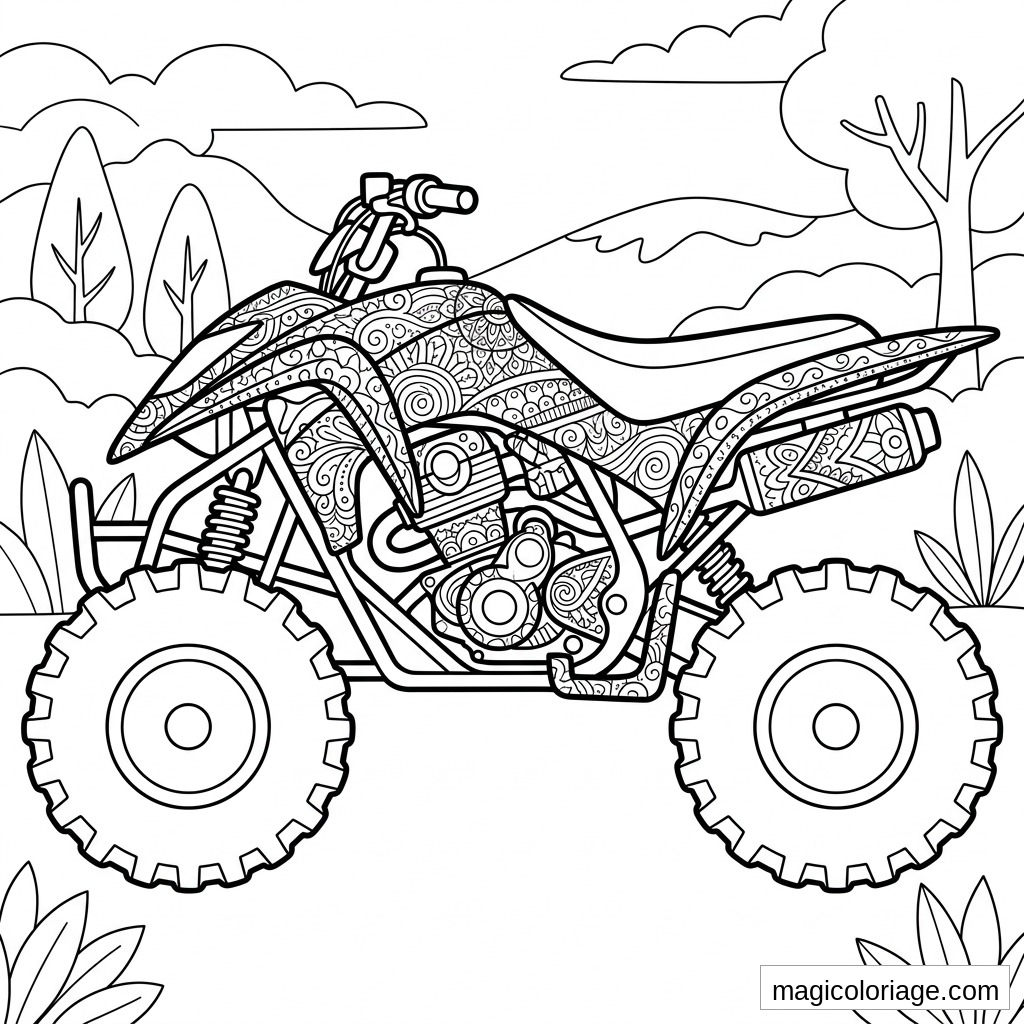Coloriage quad tout-terrain de profil avec pneus crantés, motifs détaillés, collines, arbres et nuages