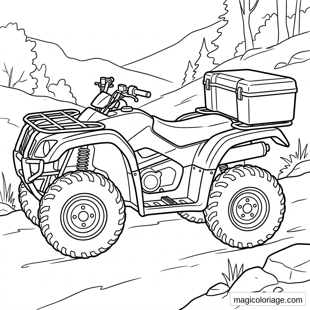 Coloriage quad tout-terrain avec coffre arrière sur sentier de montagne, rochers et sapins