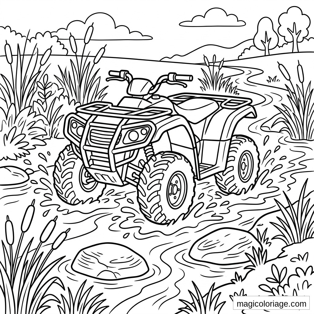 Coloriage quad tout-terrain dans la boue, avec roseaux, pierres, ruisseau et pneus crantés