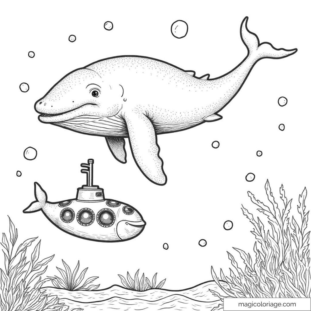 Dessin de baleine avec sous-marin et bulles d'eau sous la mer.