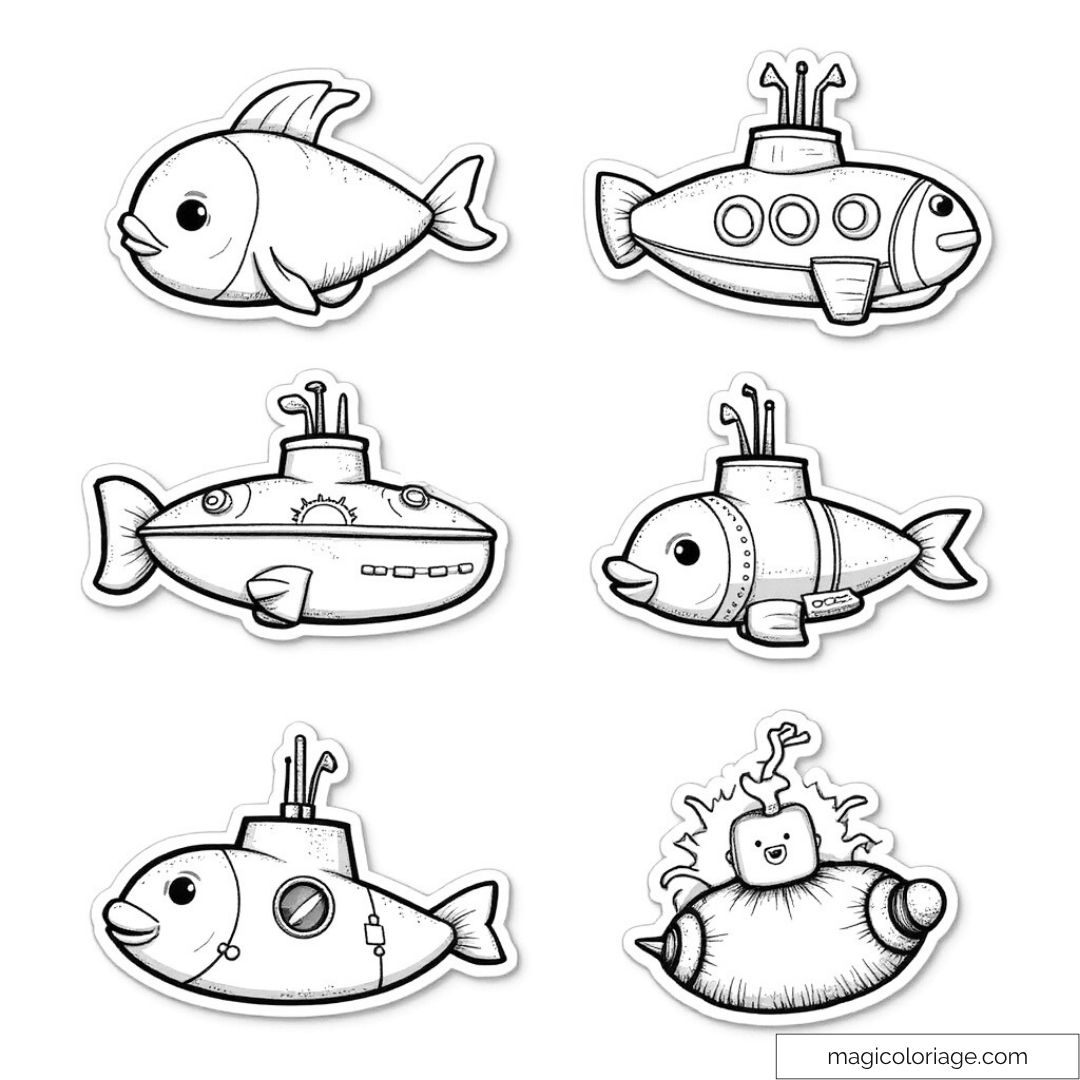 Dessin de poissons sous-marins transformés en sous-marins