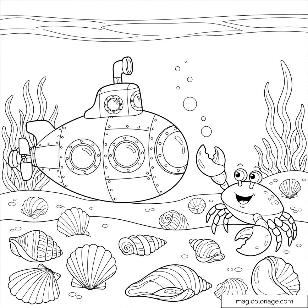 Sous-marin et crabe entourés de coquillages au fond de l'océan.