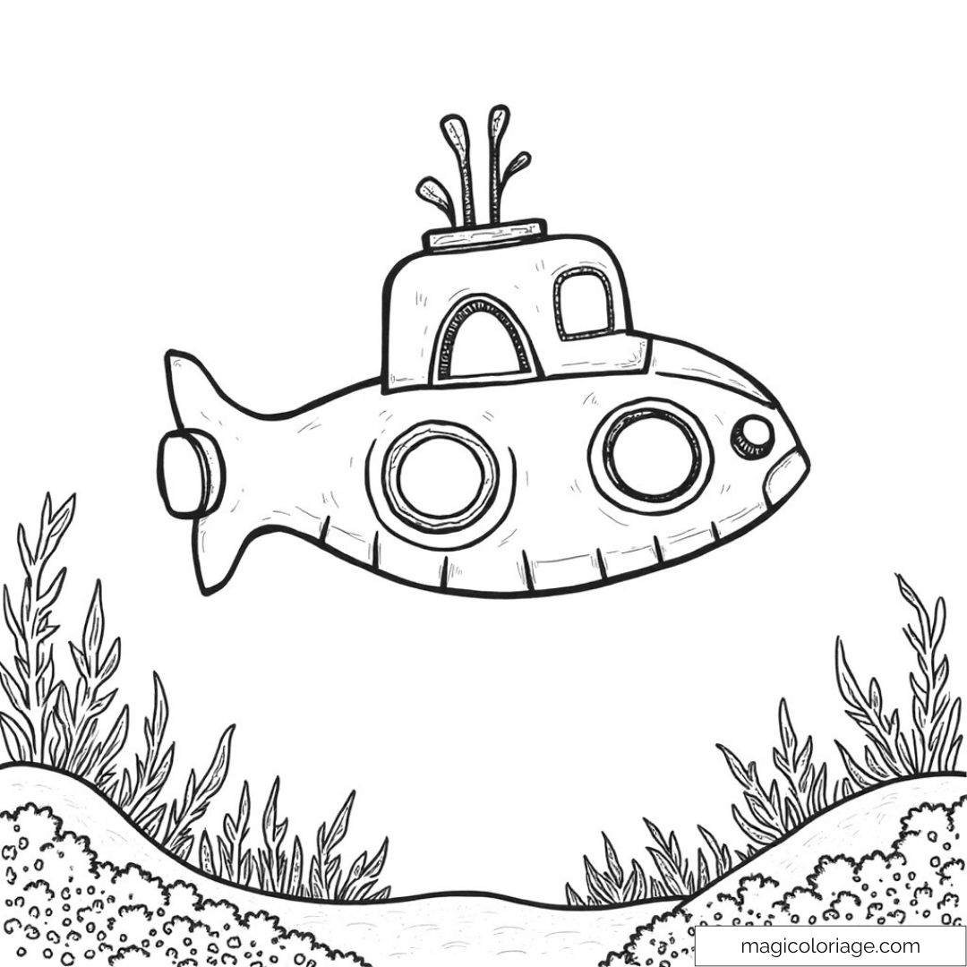 Sous-marin coloriable dans un paysage océanique avec algues.