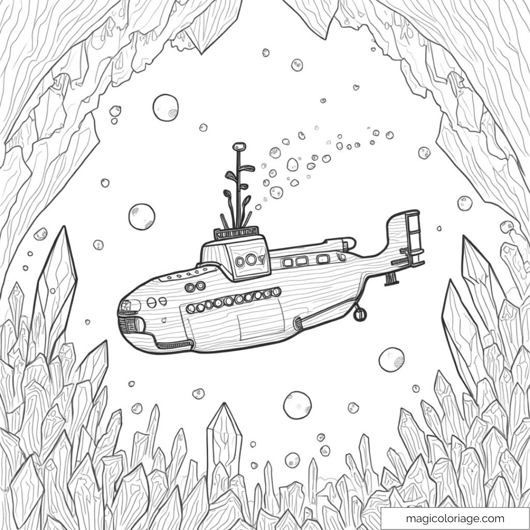 Sous-marin explorant une grotte de cristaux sous-marins à colorier.