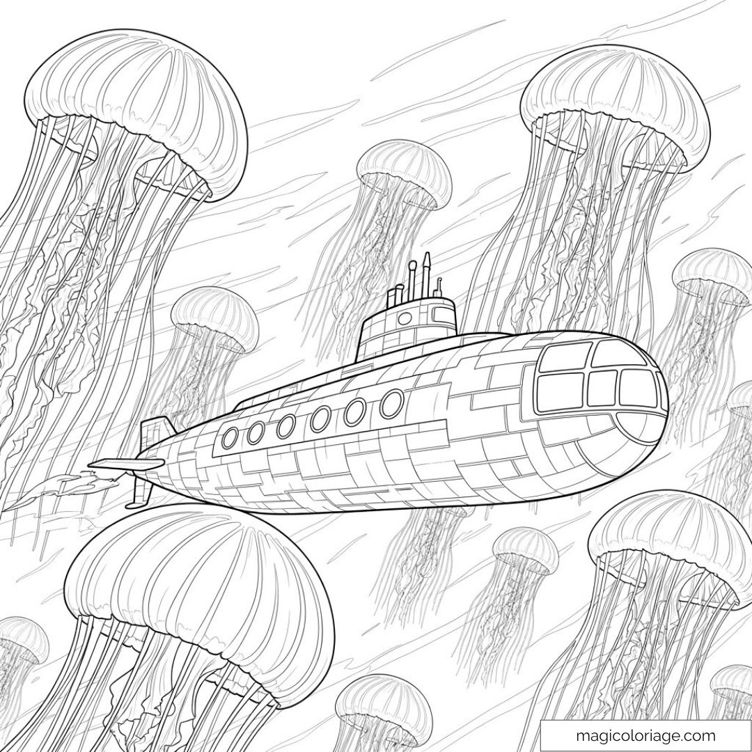 Dessin de sous-marin entouré de nombreuses méduses flottantes.
