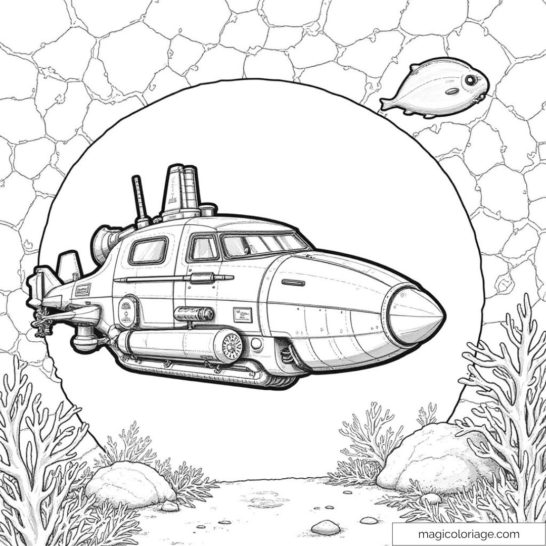 Dessin de sous-marin dans l'océan avec poissons et coraux.