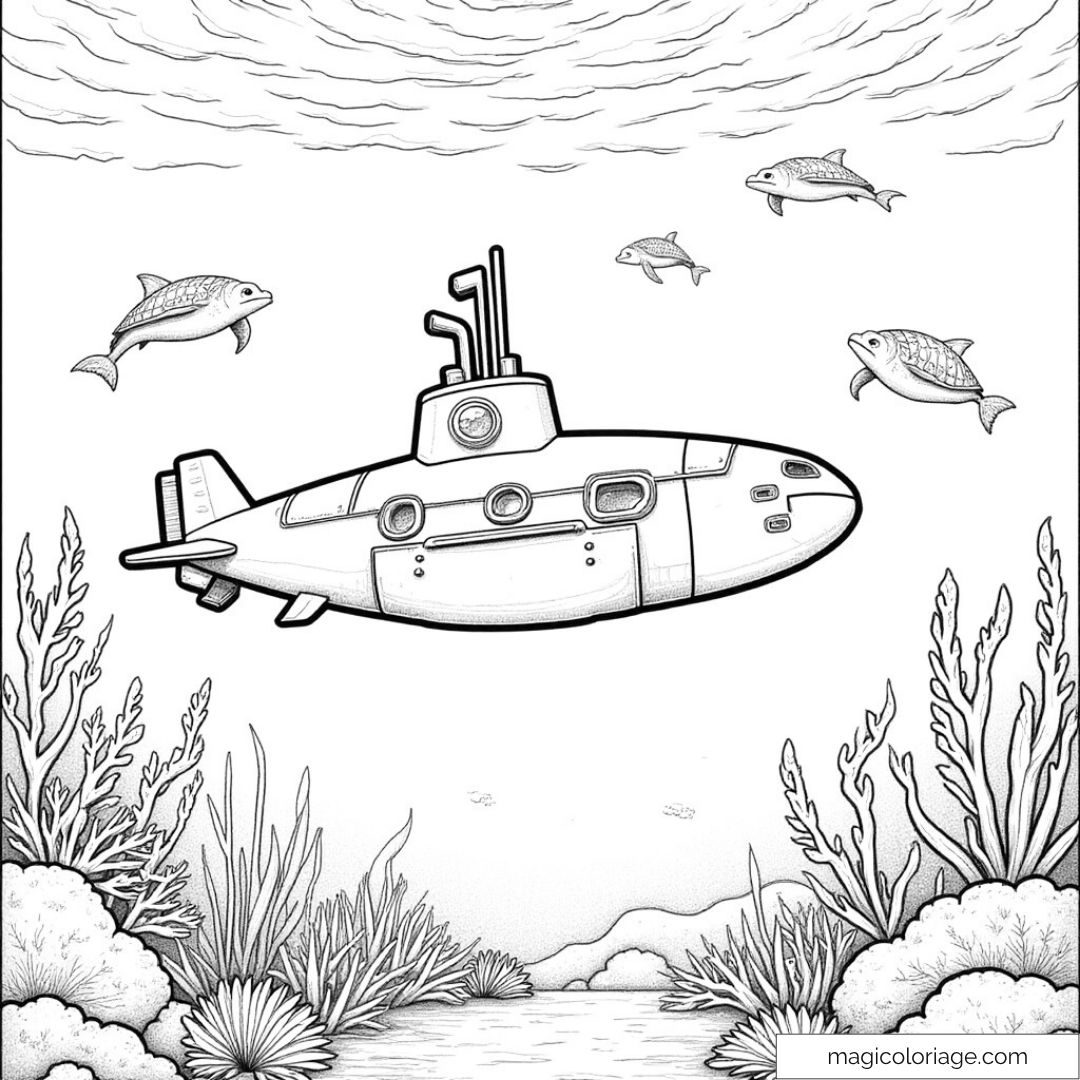 Sous-marin et dauphins dans l'océan avec algues et coraux.