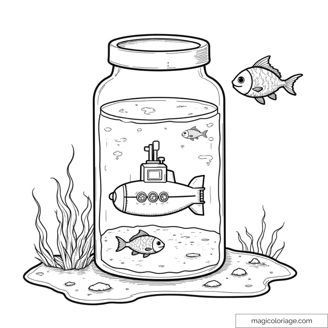 Dessin de sous-marin dans bocal avec poissons