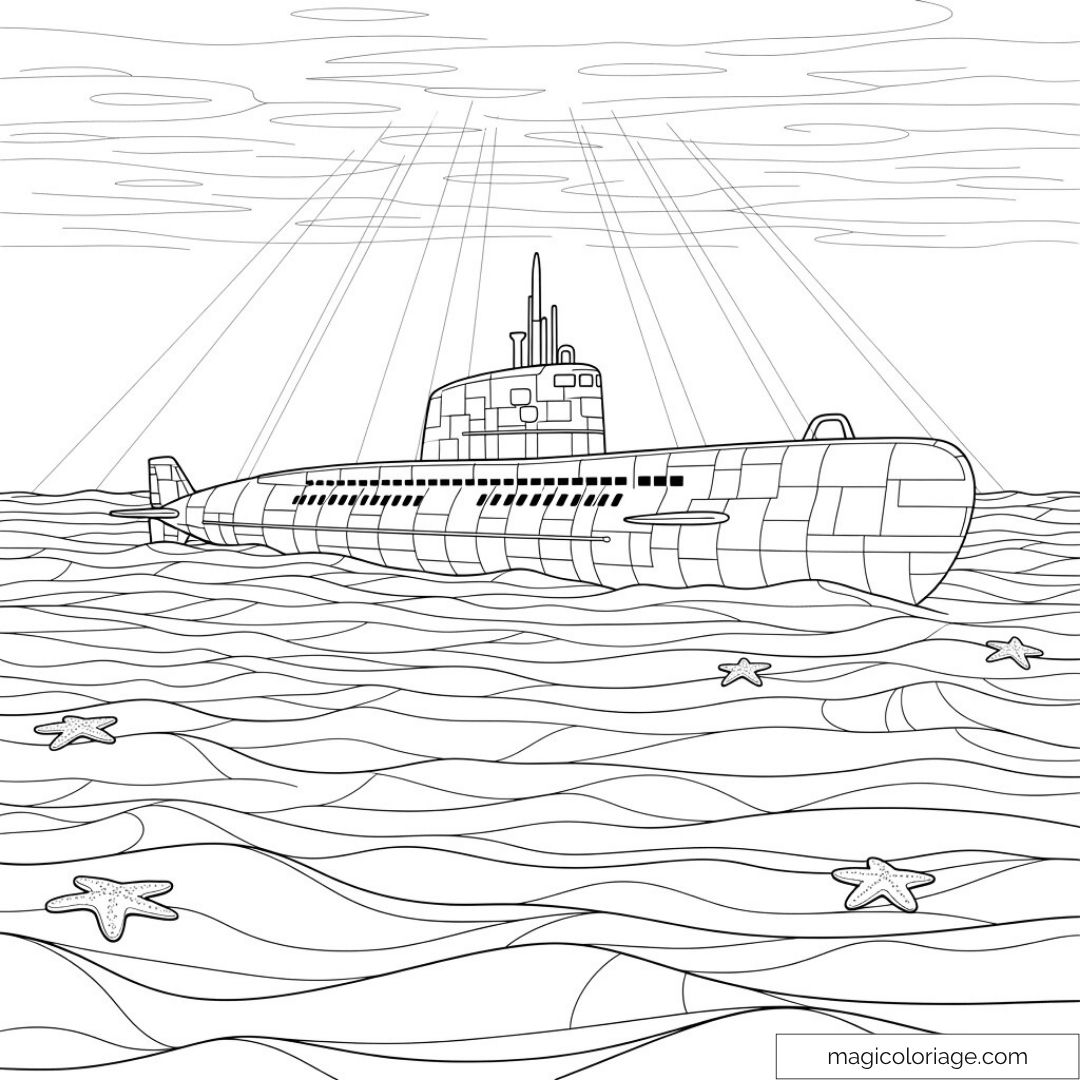 Sous-marin naviguant dans l'océan avec étoiles de mer autour.