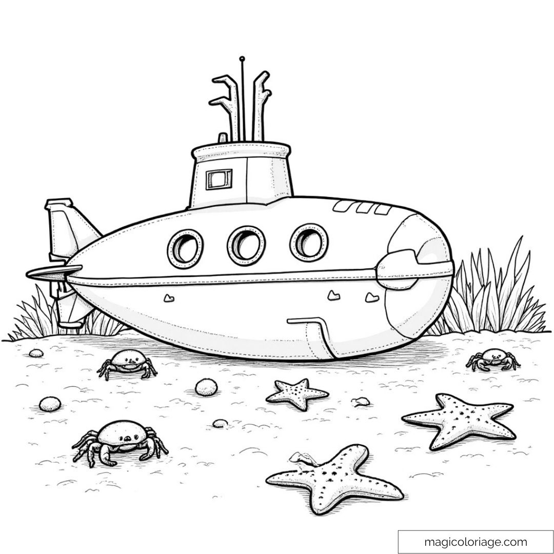 Dessin de sous-marin avec crabes et étoiles de mer
