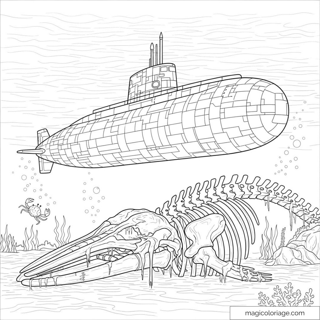 Dessin de sous-marin et fossile marin