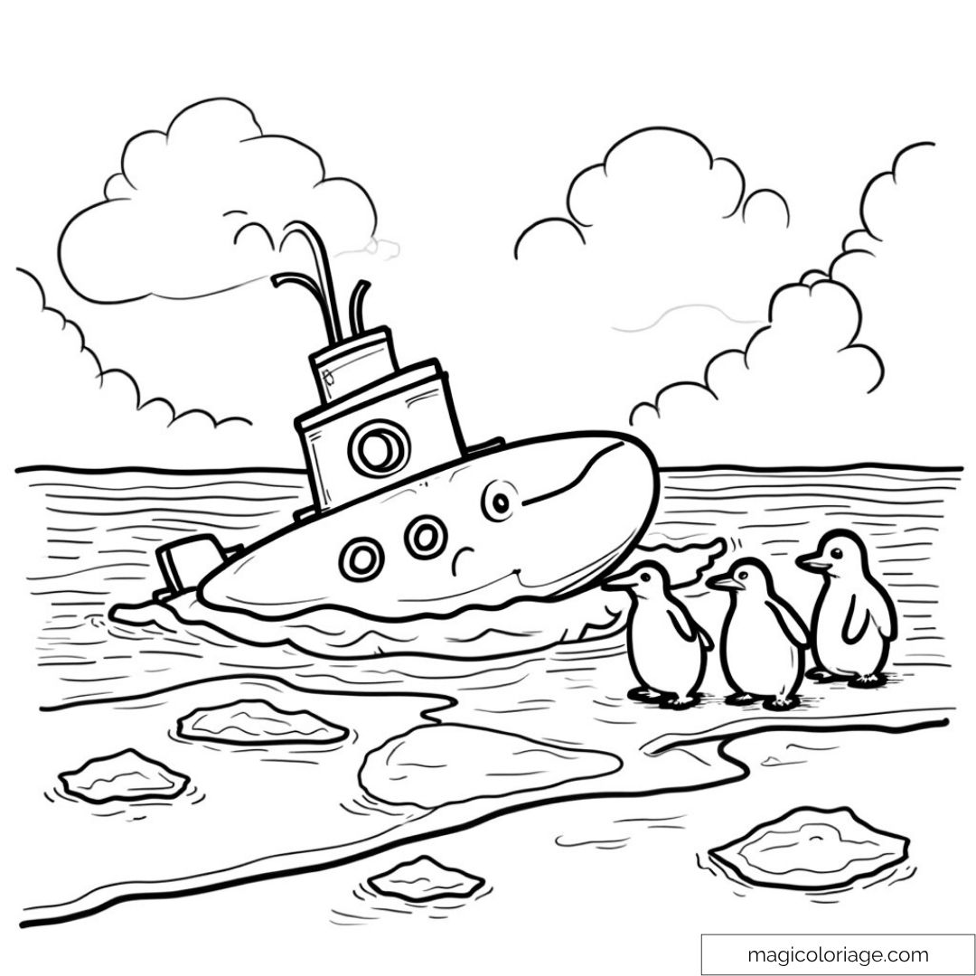 Sous-marin flottant avec trois pingouins sur la glace