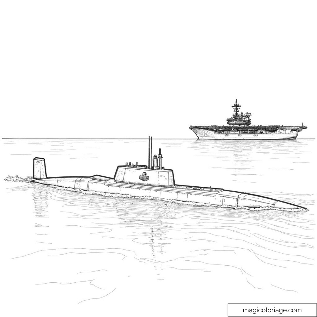 Sous-marin naviguant avec un porte-avions à l'horizon. Scène nautique.