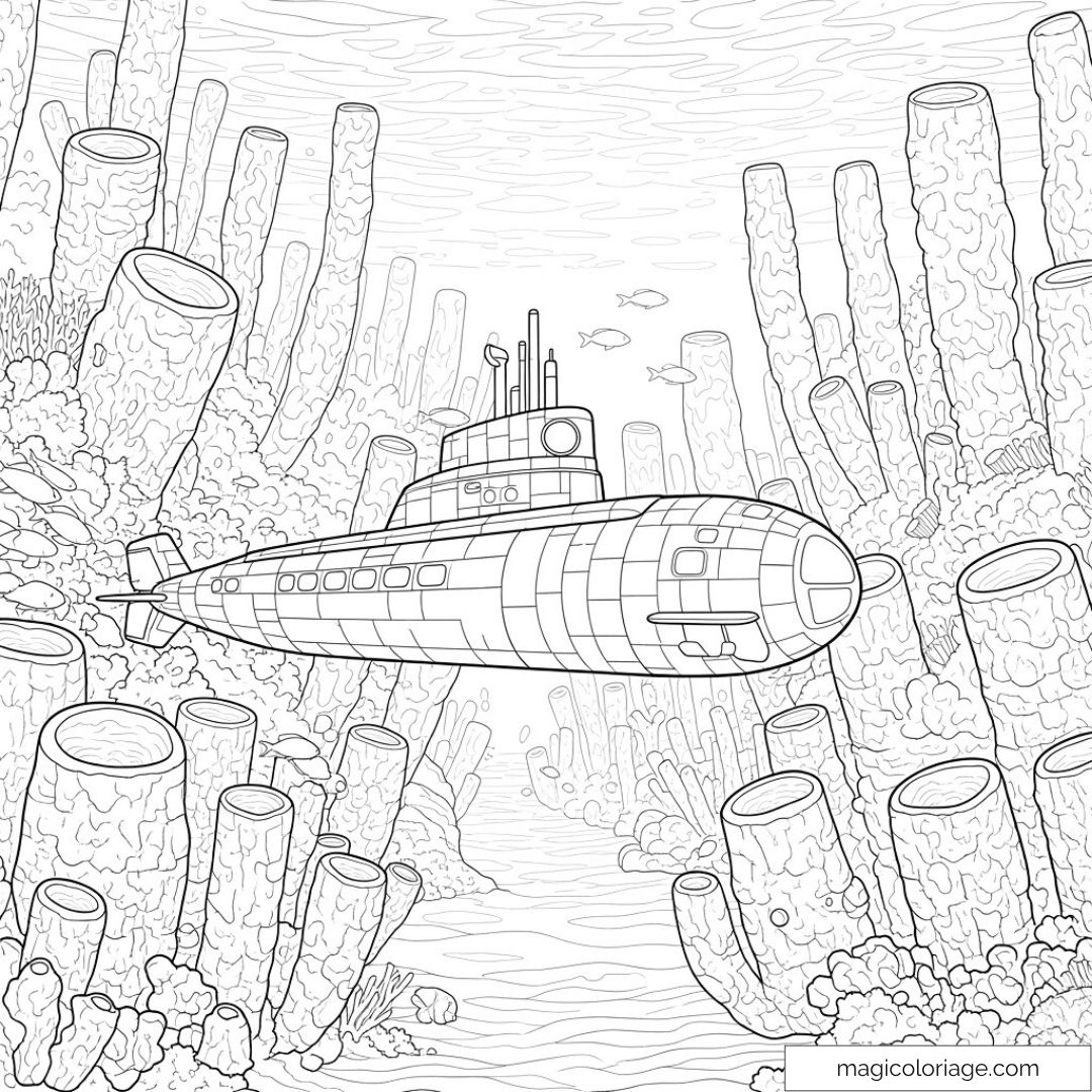 Sous-marin et récif de corail à colorier