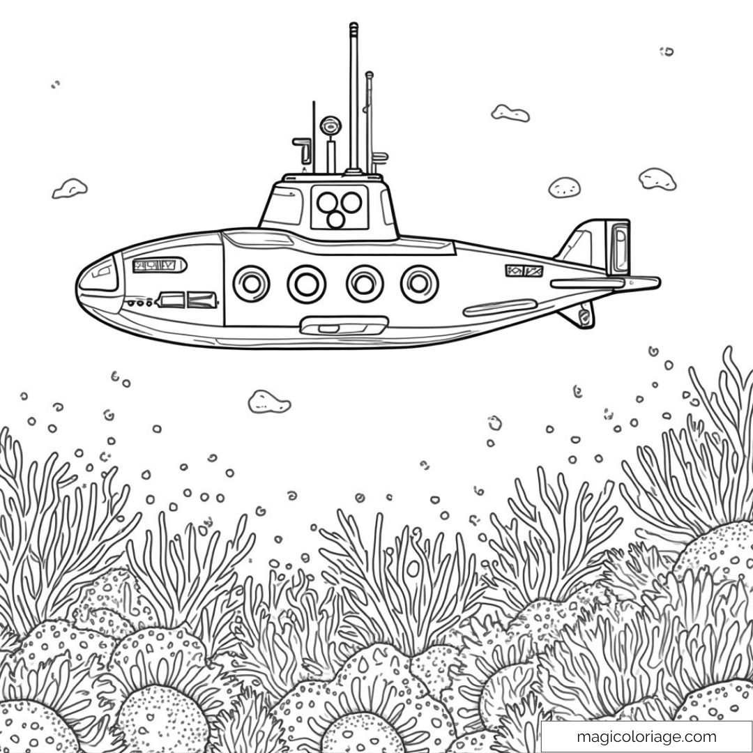 Dessin de sous-marin explorant un récif corallien