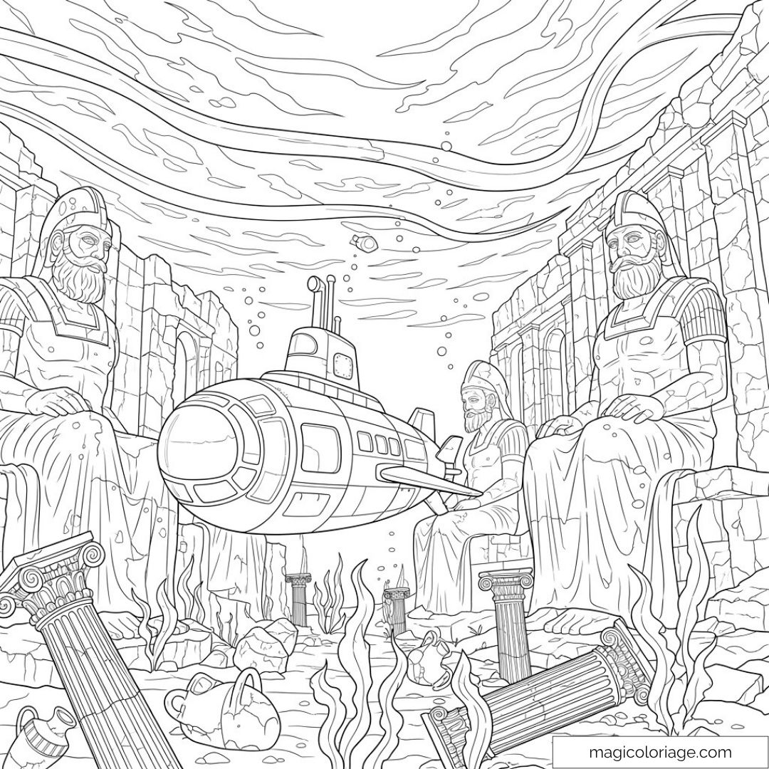 Dessin de sous-marin et ruines sous-marines dans une scène archéologique.