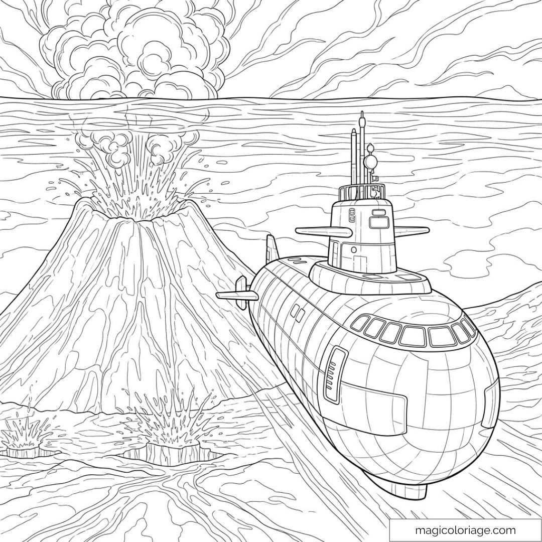 Dessin à colorier avec sous-marin et éruption volcanique sous l'eau.