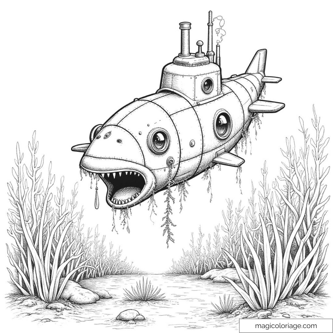 Sous-marin poisson magique au milieu des algues