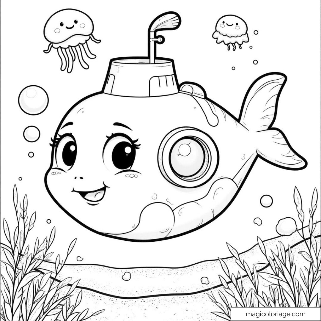 Dessin d'un sous-marin souriant et méduses dans l'océan.