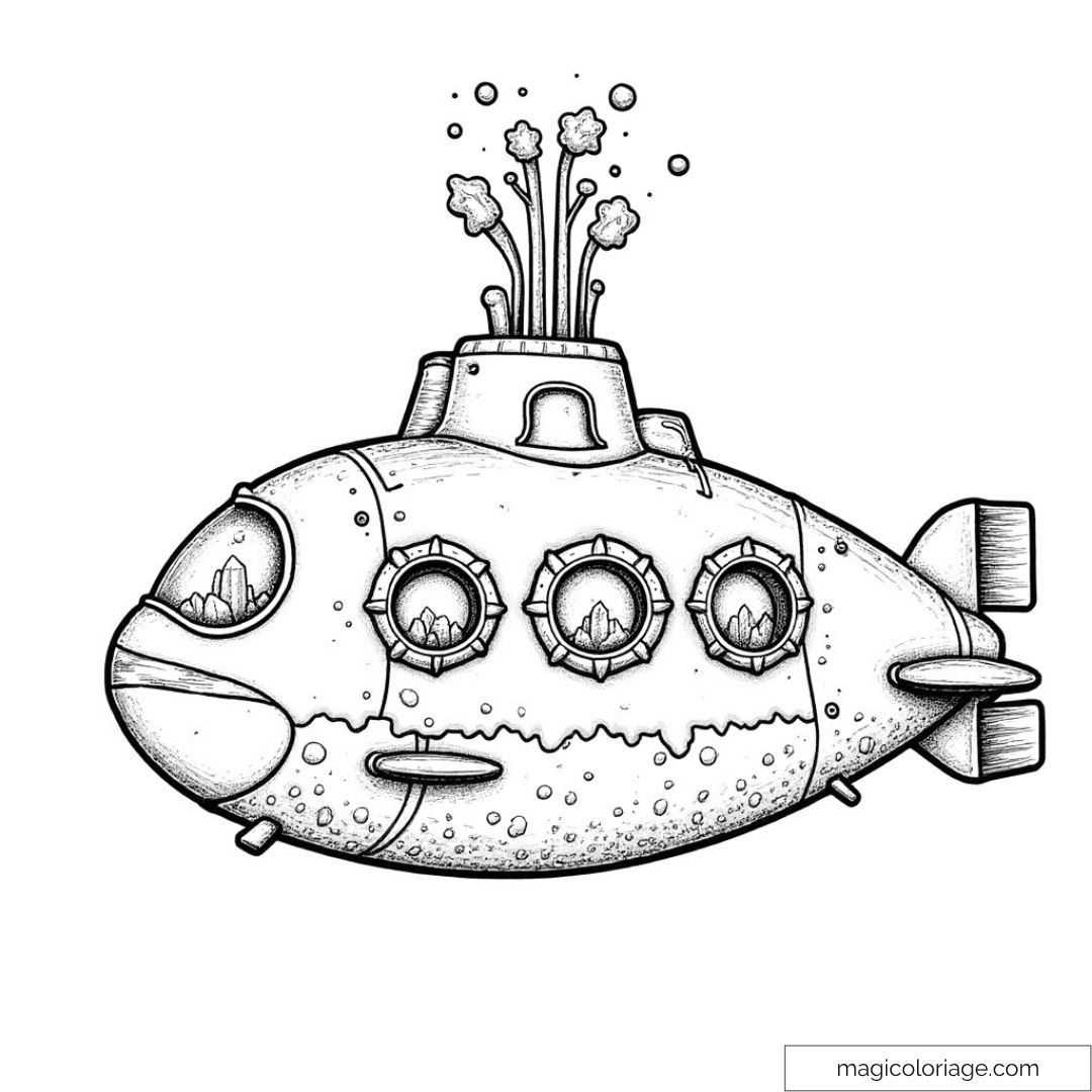 Coloriage de sous-marin avec hublots et bulles