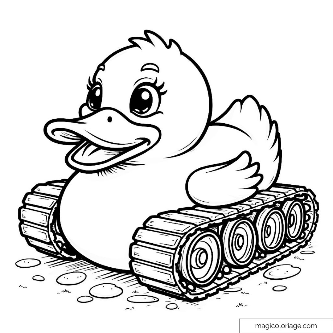 Canard amusant sur des chenilles de tank
