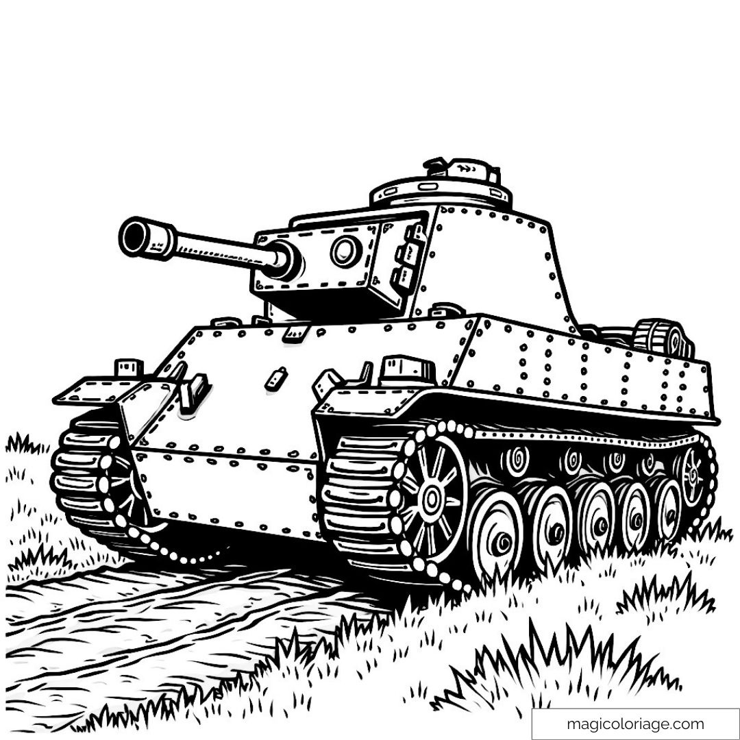 Coloriage de char d'assaut détaillé sur un chemin herbeux