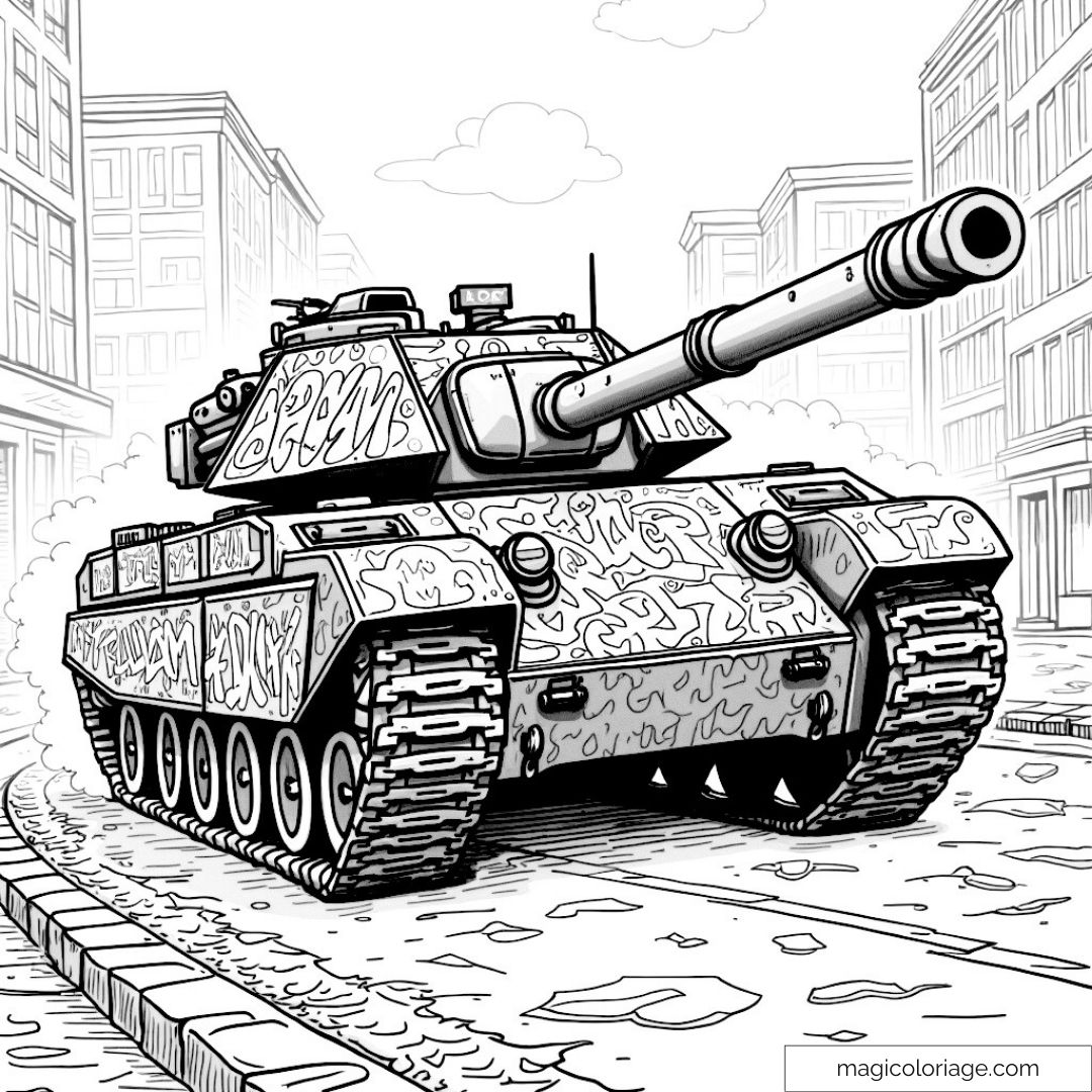 Coloriage de char d'assaut dans une rue de ville