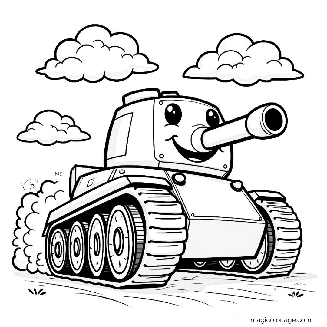Char joyeux à colorier roulant sous des nuages souriants.