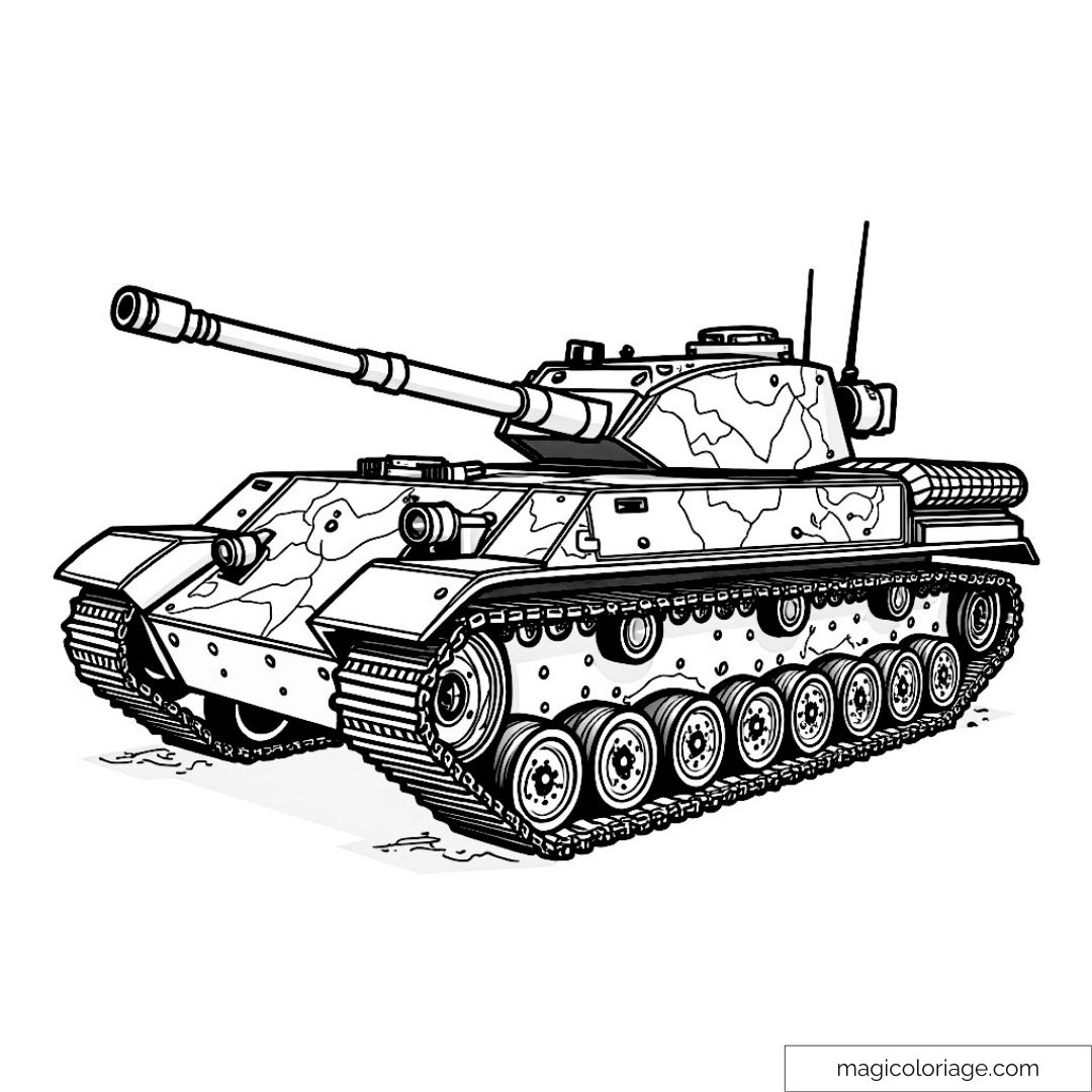 Image de char militaire à colorier avec détails précis et reliefs