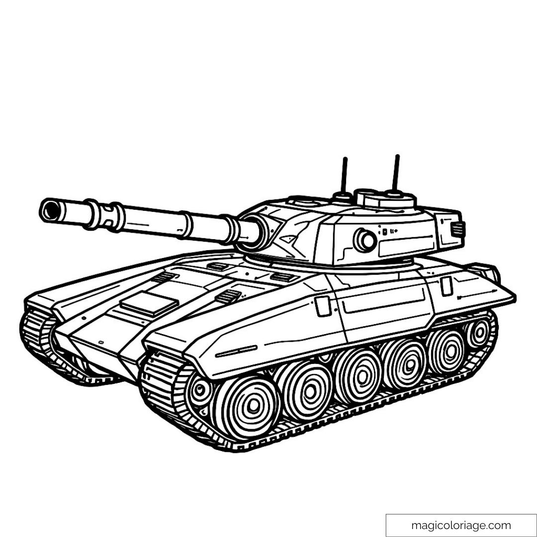Dessin détaillé de char militaire à colorier pour enfants