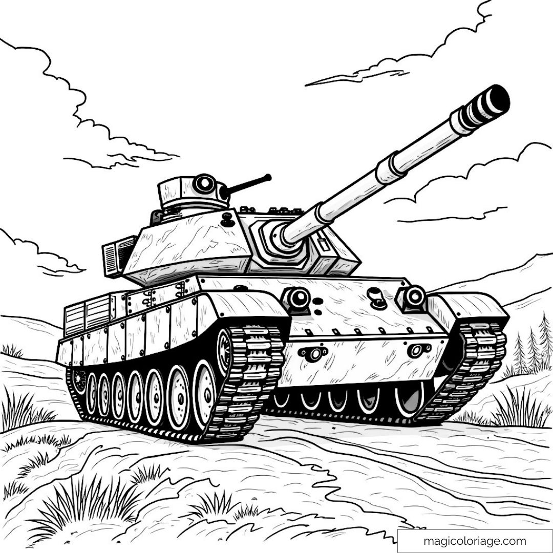 Char militaire sur terrain vallonné