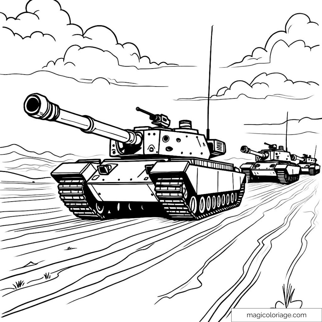 Dessin de chars d'assaut marchant dans un paysage désertique