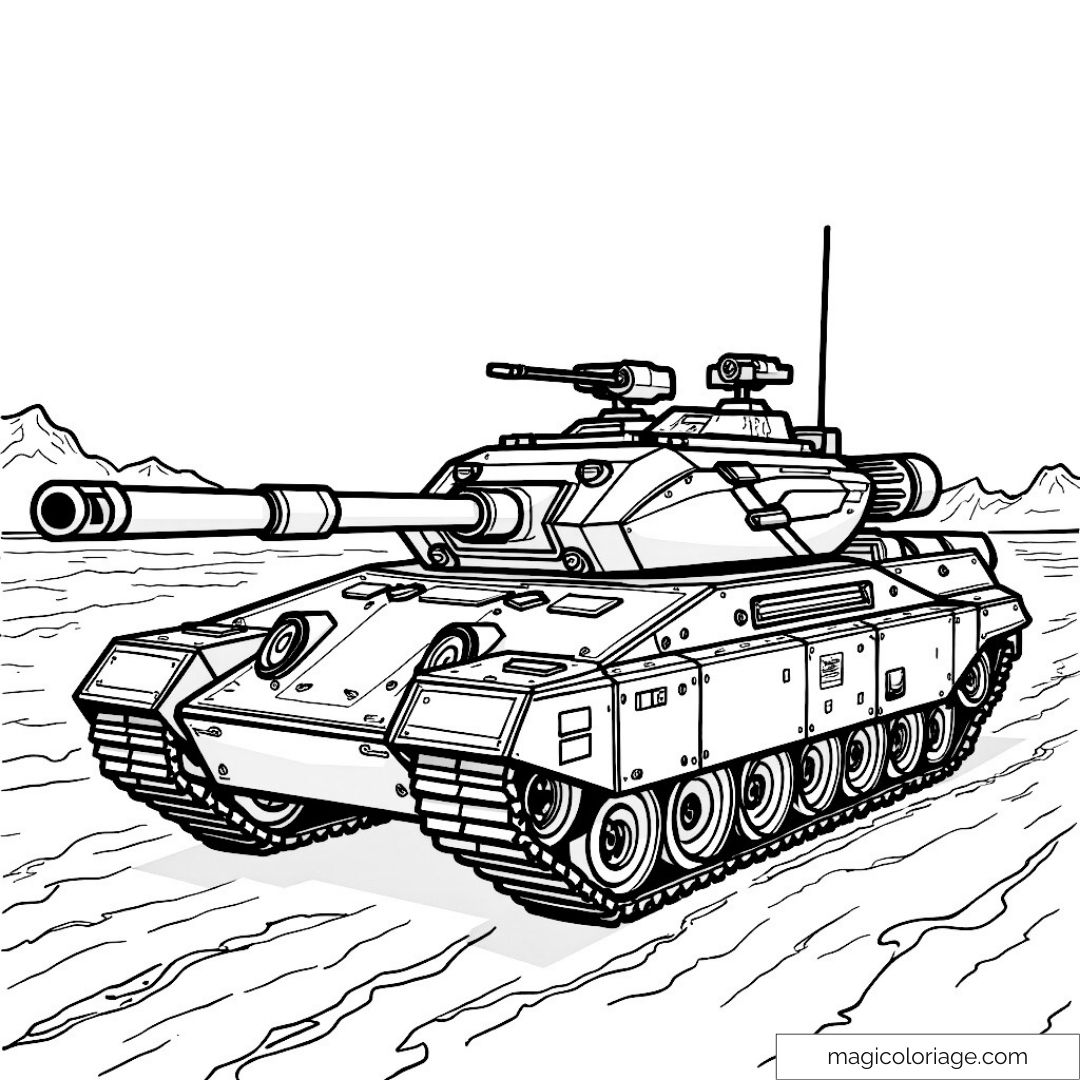 Dessin à colorier d'un char d'assaut en terrain désertique.