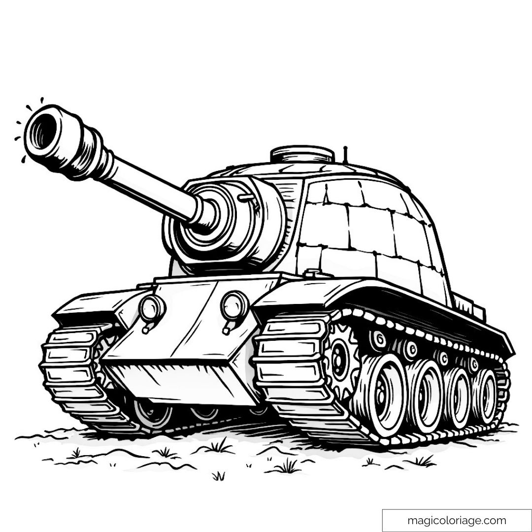Tank à colorier avec détails réalistes et chenilles imposantes.