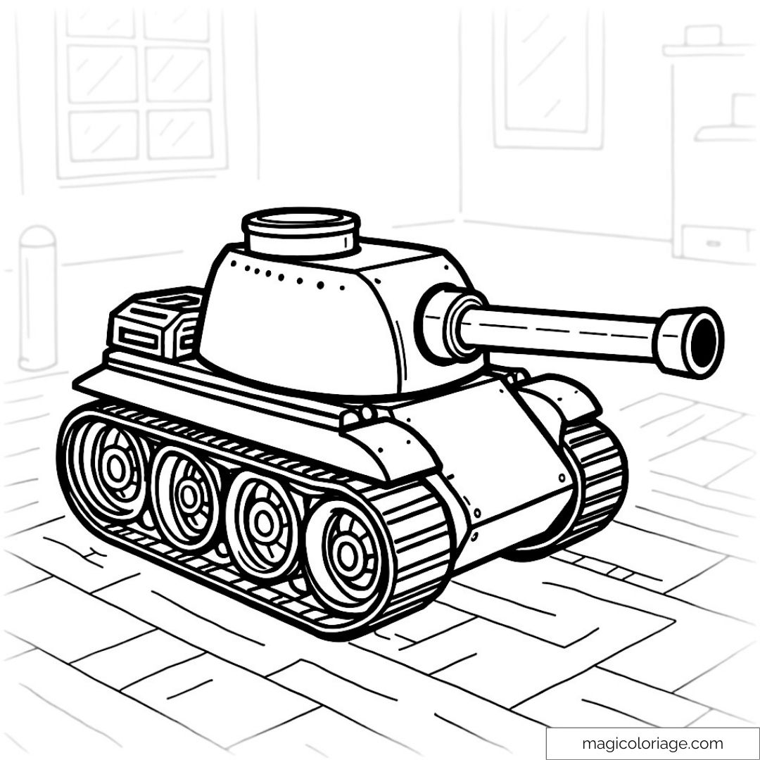 Image de coloriage de tank dans un décor intérieur