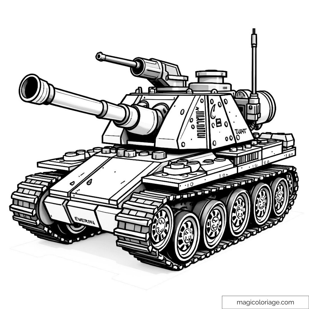 Dessin à colorier de tank détaillé avec chenilles et canons.