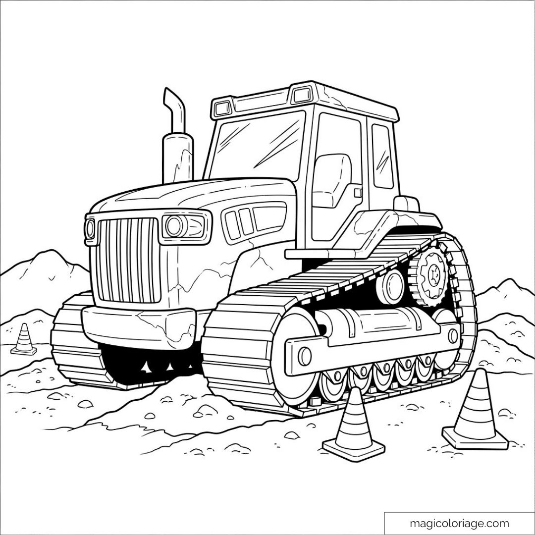 Dessin de tracteur de chantier avec cônes et montagnes.