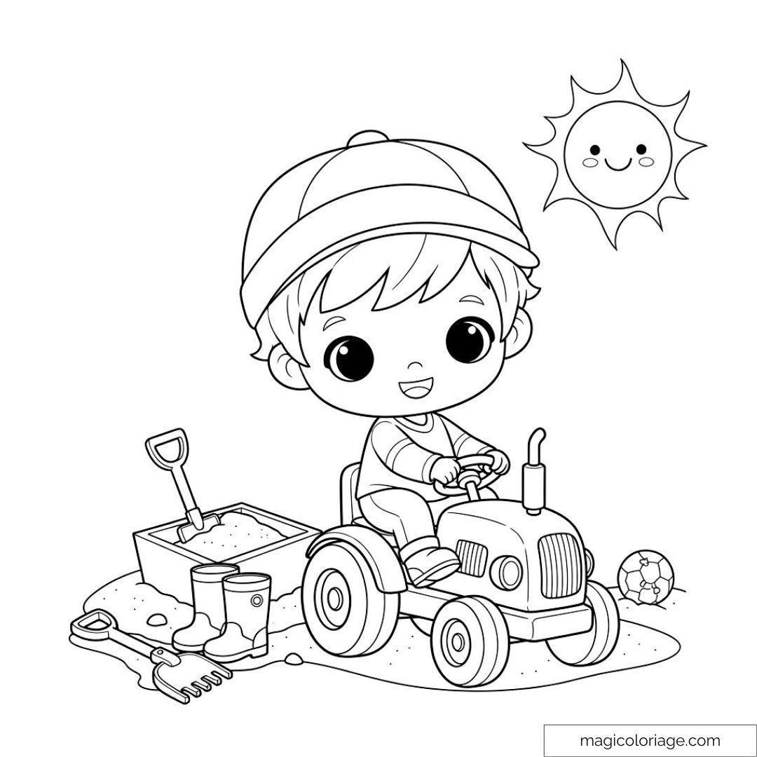 Enfant souriant sur un tracteur sous le soleil avec des jouets autour