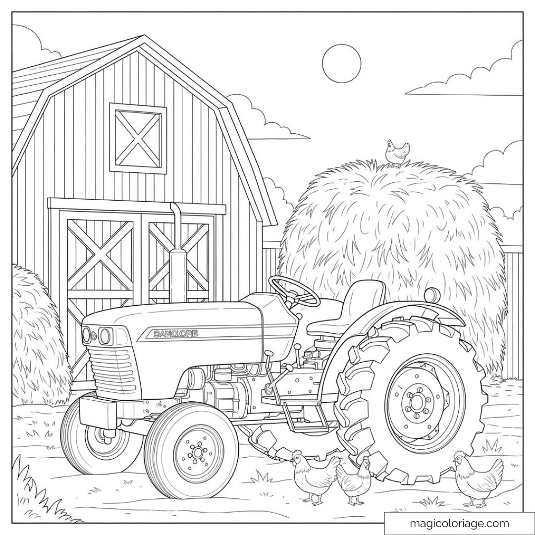 Tracteur dans une ferme avec poules et grange
